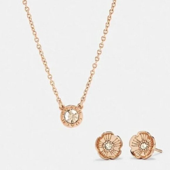 NWT - Coach Open‎ Circle Necklace Tea Rose Stud Earring Set - Picture 1 of 16